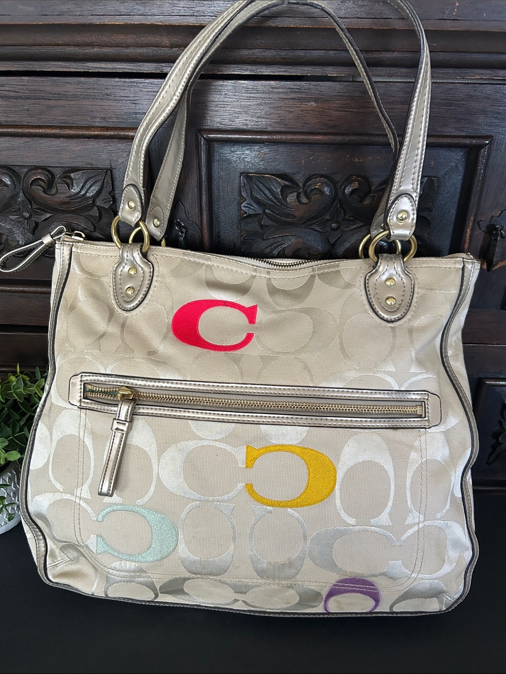 Coach Beige Signature Shoulder Tote with Multicolor 'C' Accents